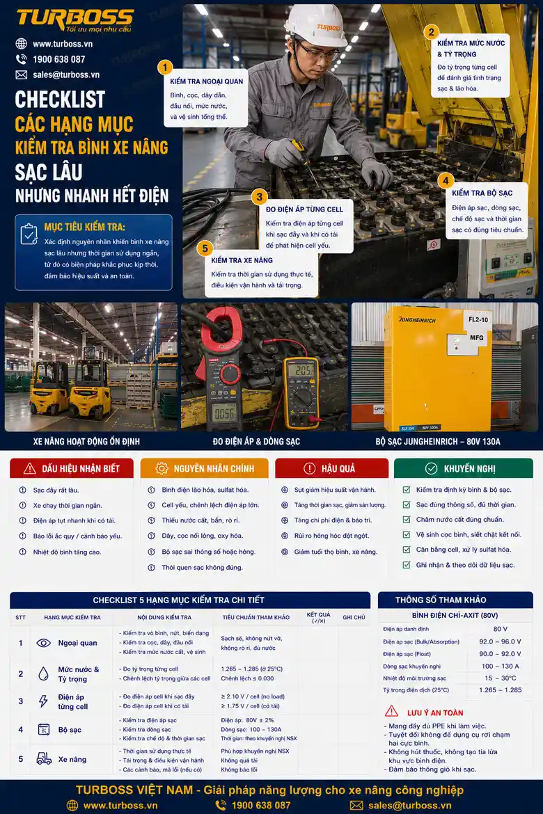 Checklist kiểm tra bình điện xe nâng sạc lâu nhưng nhanh hết điện cho kỹ thuật nhà máy