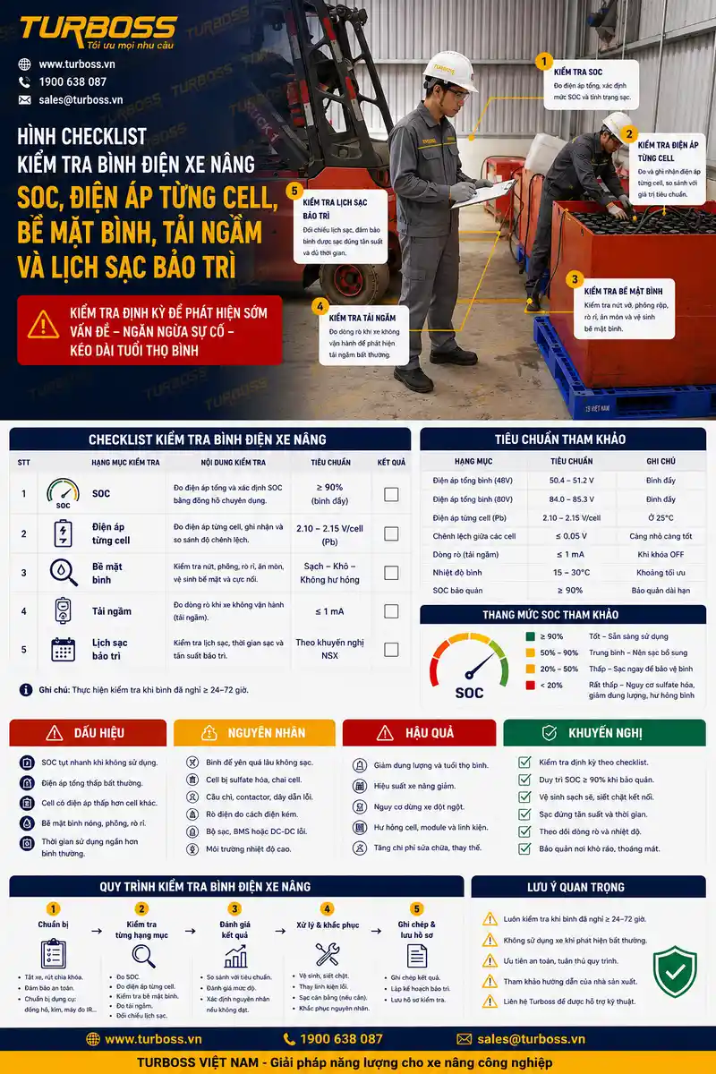 Checklist kiểm tra bình điện xe nâng tự xả nhanh cho kỹ thuật nhà máy