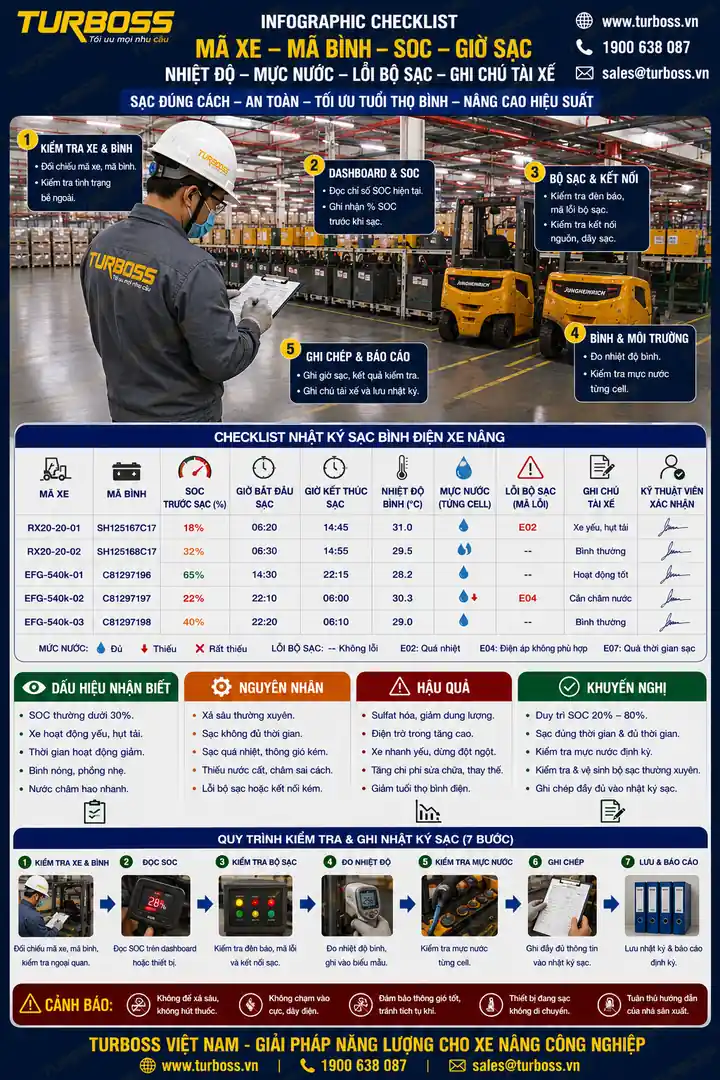 Checklist nhật ký sạc bình điện xe nâng theo ca cho nhà máy
