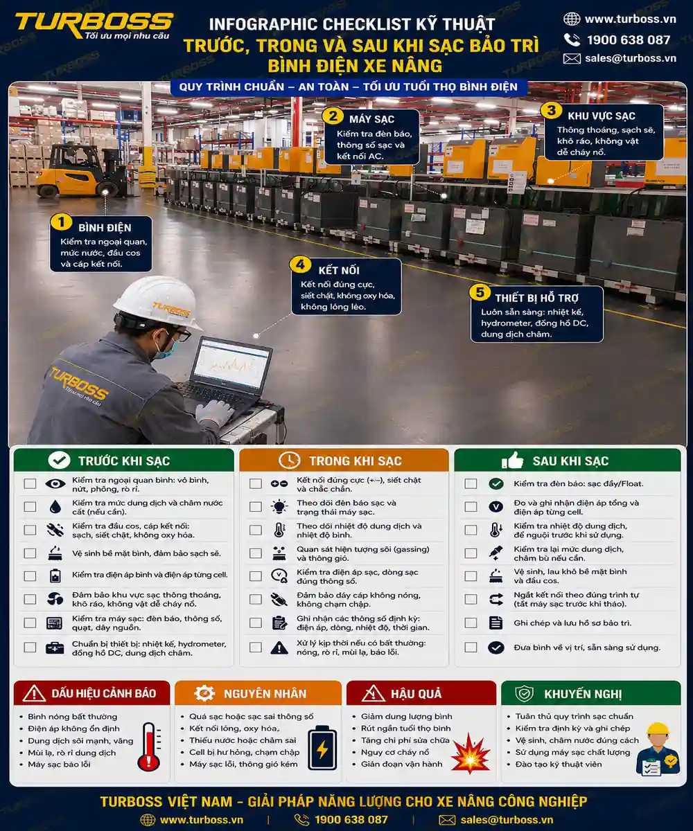 Checklist sạc bảo trì bình điện xe nâng theo dữ liệu kỹ thuật