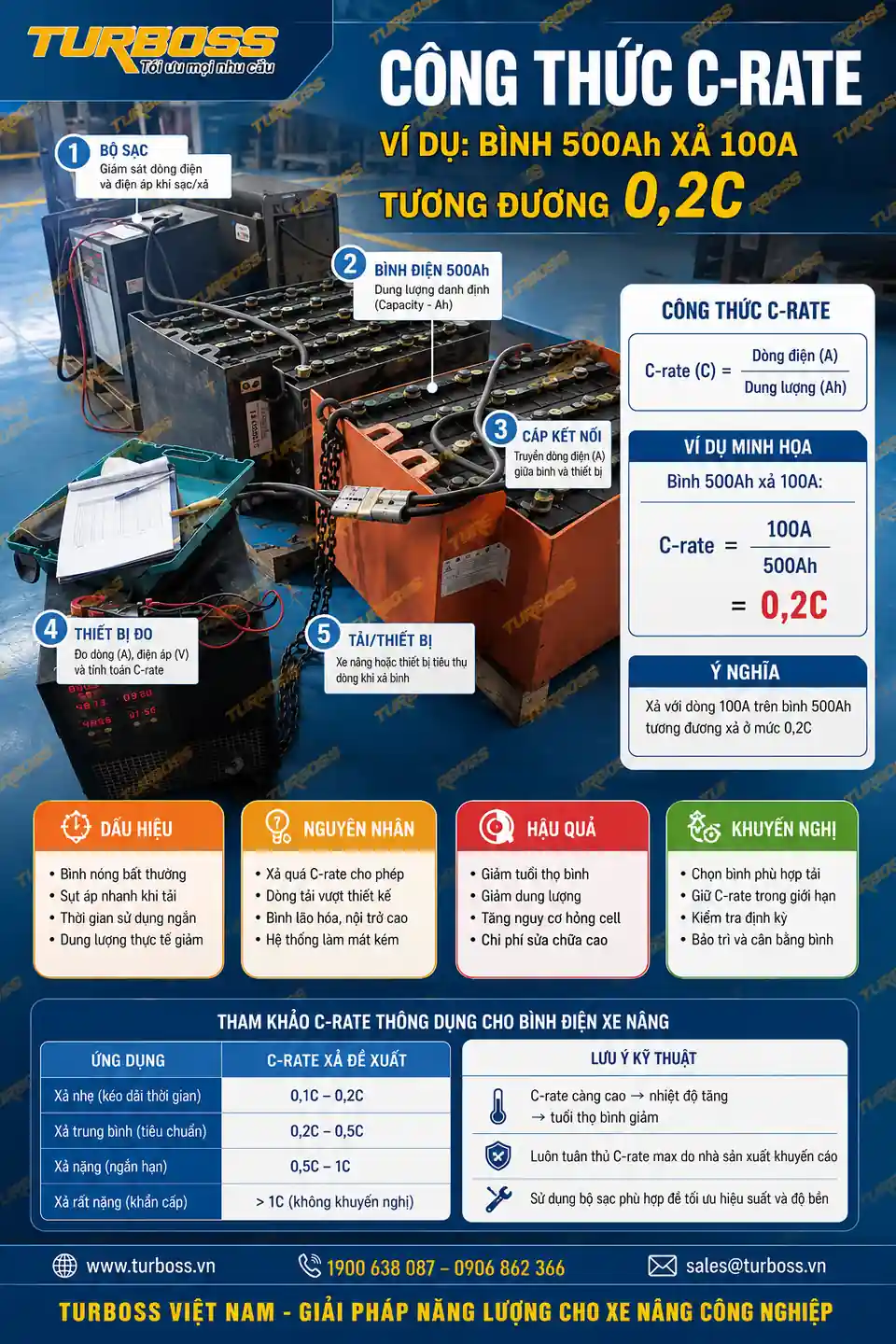 Công thức tính C-rate bình điện xe nâng từ dòng xả và dung lượng Ah