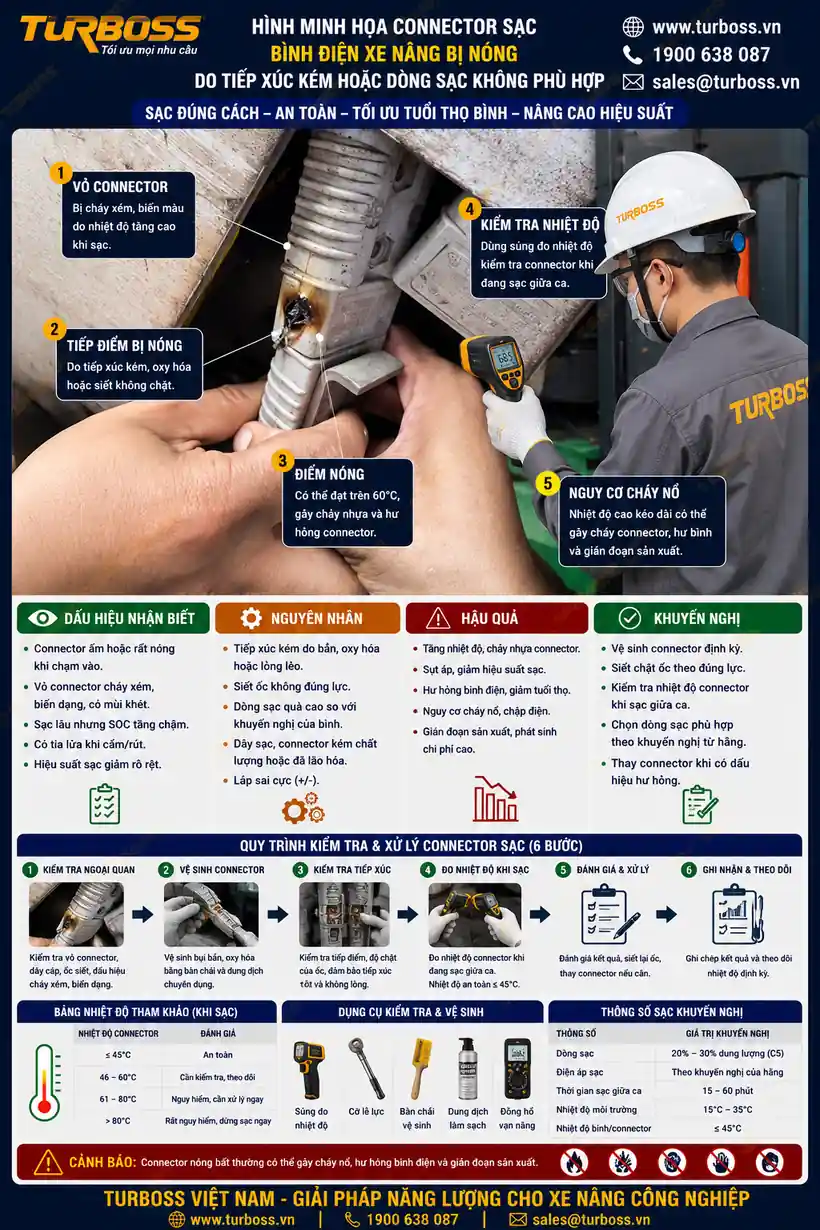 Connector nóng khi sạc bình điện xe nâng giữa ca cần kiểm tra điểm tiếp xúc