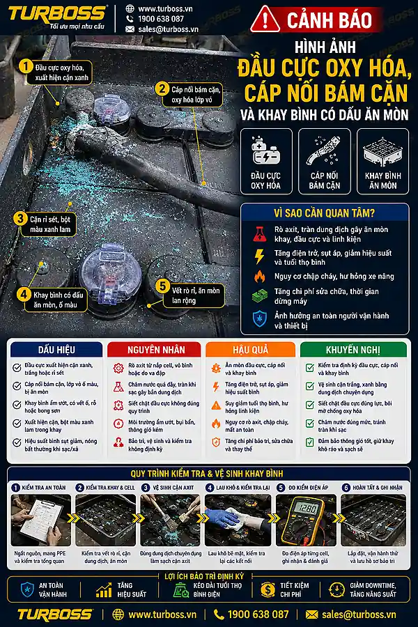 Đầu cực oxy hóa kèm khay bình điện xe nâng bị ăn mòn do hơi axit