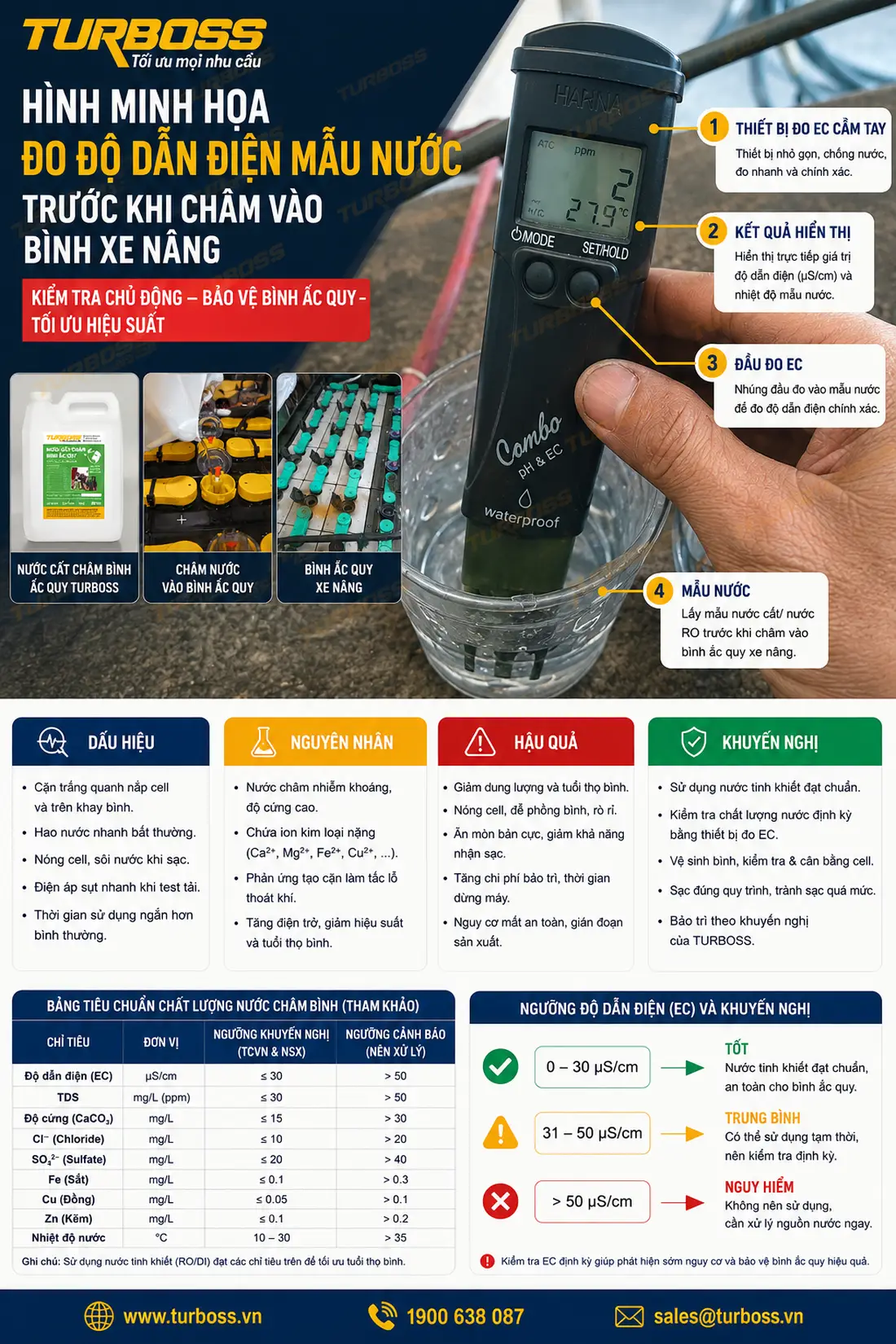 Đo độ dẫn điện nước châm bình ắc quy xe nâng để kiểm soát khoáng hòa tan