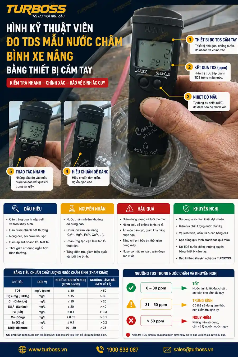 Đo TDS để phát hiện nước châm bình xe nâng nhiễm khoáng