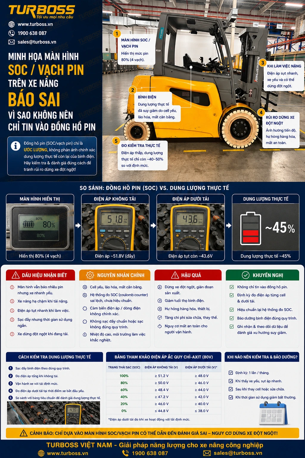 Đồng hồ SOC xe nâng báo pin ảo dù bình điện nhanh yếu khi nâng tải