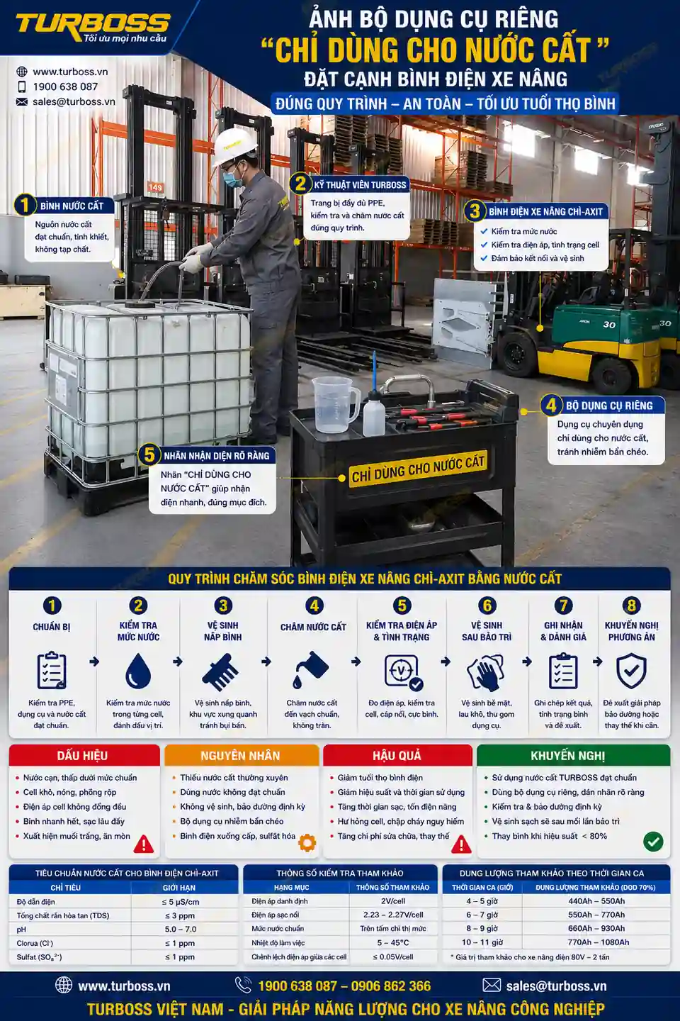 Dụng cụ riêng để bảo quản nước cất châm bình điện xe nâng không nhiễm bẩn