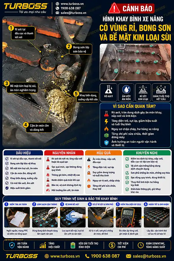 Khay bình điện xe nâng rỉ sét bong sơn cần đánh giá độ an toàn cơ khí