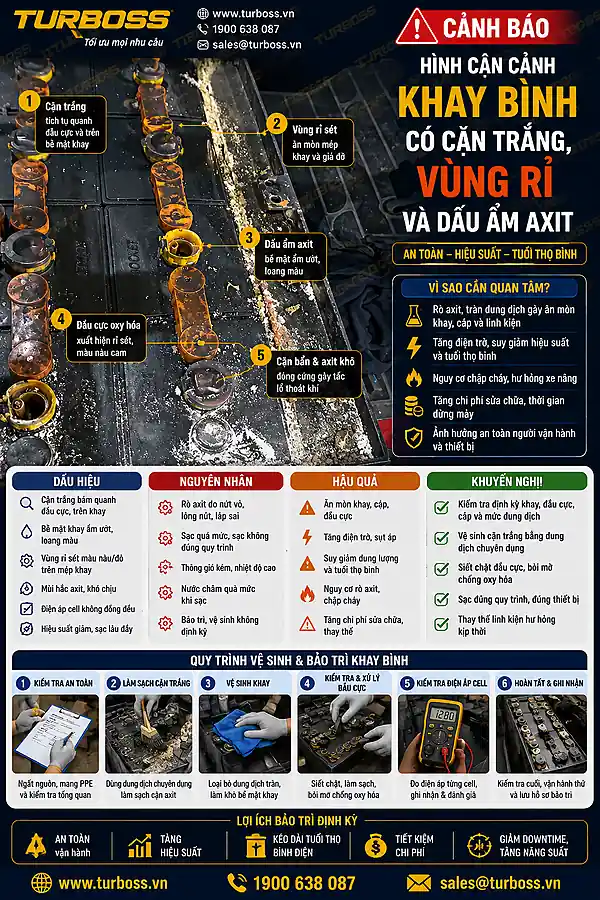 Khay bình xe nâng có cặn trắng và rỉ sét do dung dịch điện phân