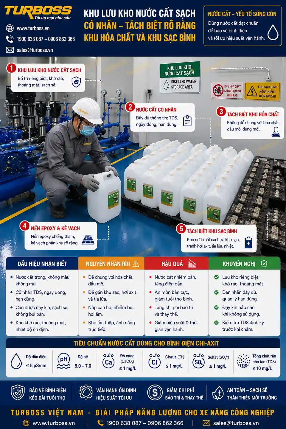 Khu vực lưu kho giúp bảo quản nước cất châm bình điện xe nâng đúng chuẩn