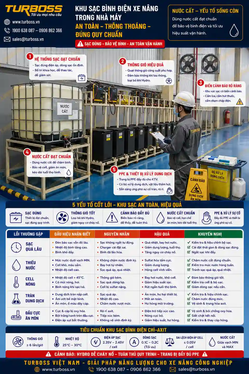 Khu vực sạc bình điện xe nâng an toàn trong nhà máy
