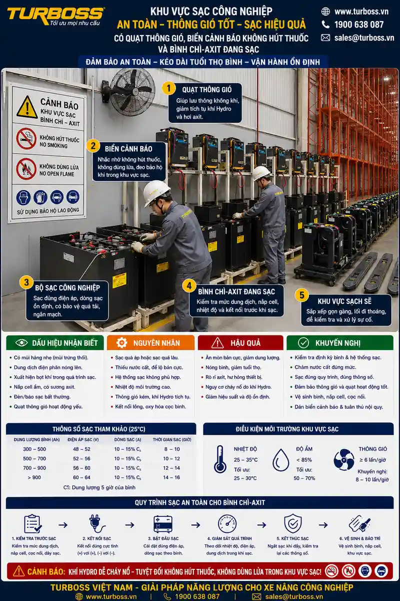 Khu vực sạc bình điện xe nâng có mùi hăng cần kiểm tra thông gió