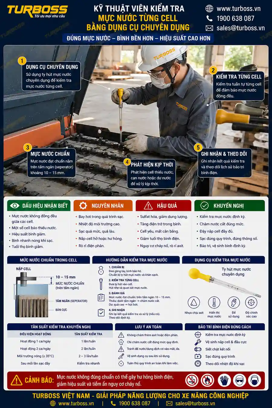 Kiểm tra mực nước cell khi bình điện xe nâng có mùi hăng khi sạc
