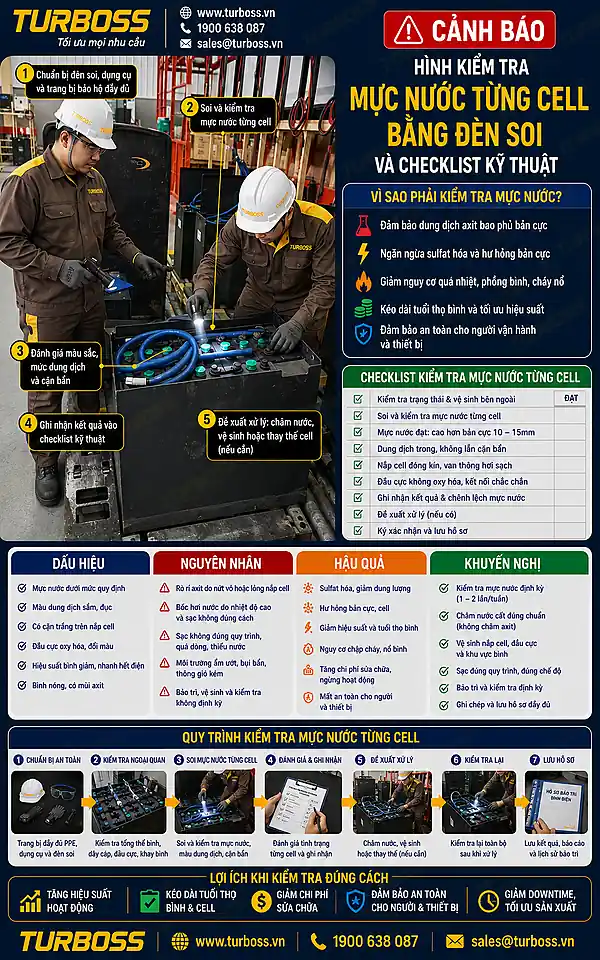 Kiểm tra mực nước từng cell trước khi vệ sinh bình điện xe nâng