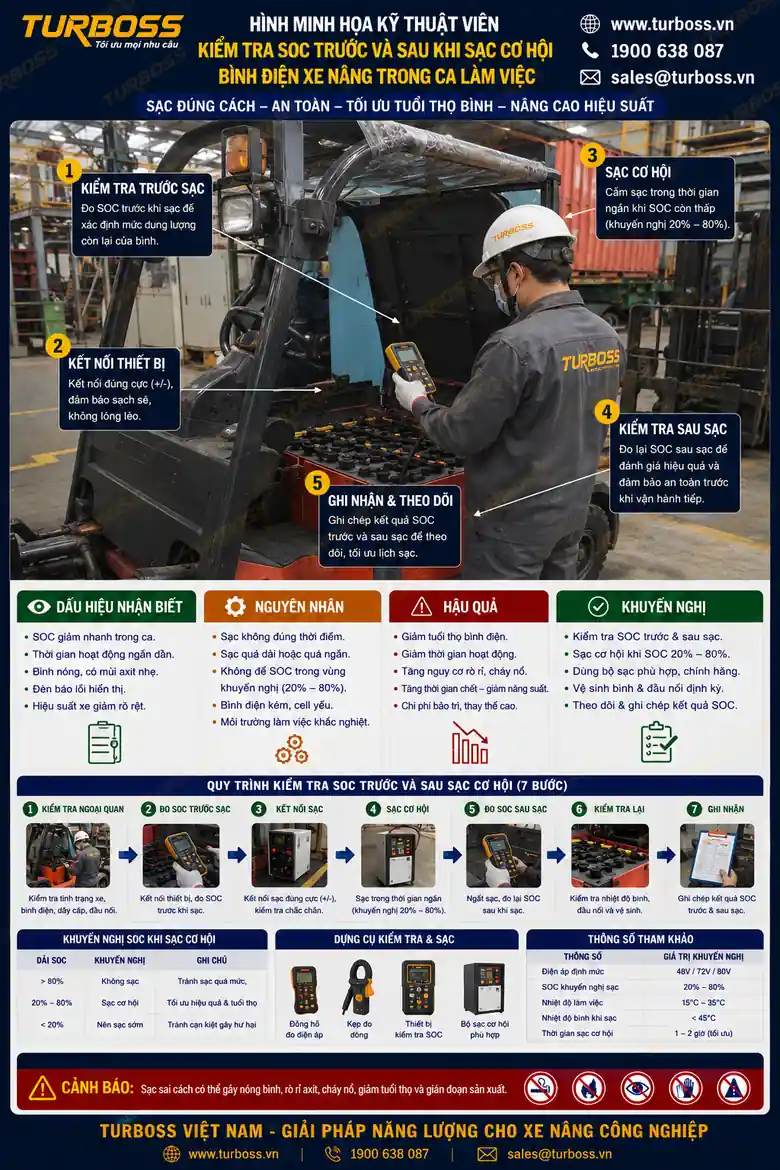 Kiểm tra SOC khi sạc cơ hội bình điện xe nâng để tránh đánh giá sai dung lượng