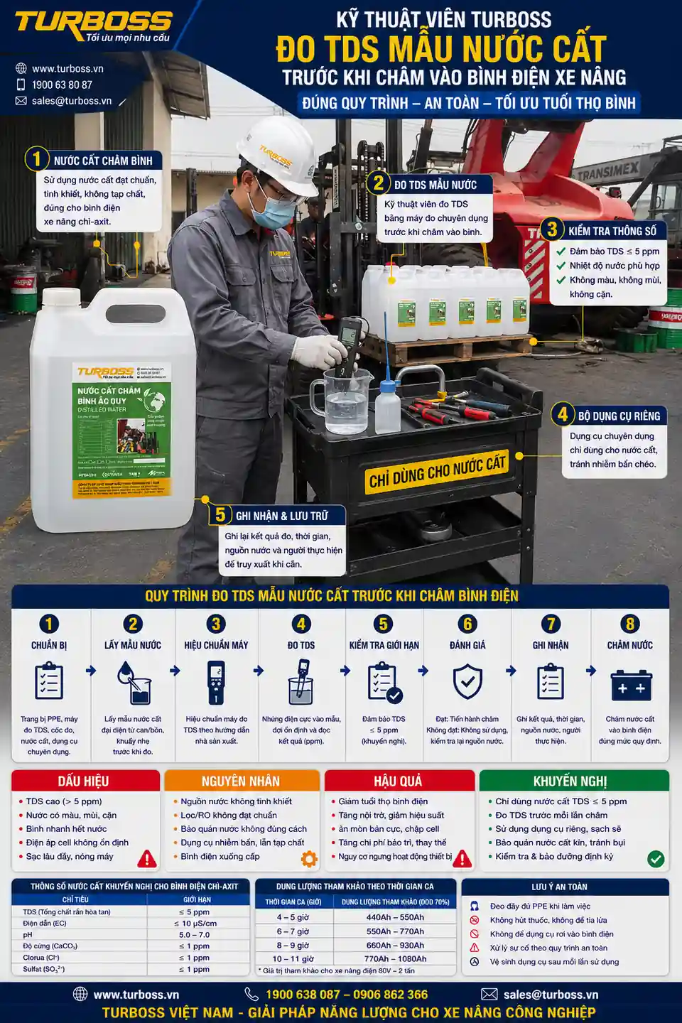 Kiểm tra TDS khi bảo quản nước cất châm bình điện xe nâng lâu ngày