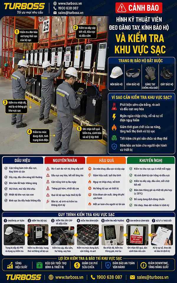 Kỹ thuật viên chuẩn bị bảo hộ trước khi vệ sinh bình điện xe nâng