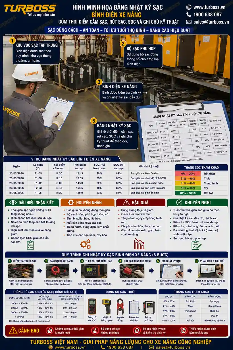 Nhật ký sạc cơ hội bình điện xe nâng giúp kiểm soát số lần sạc trong ngày