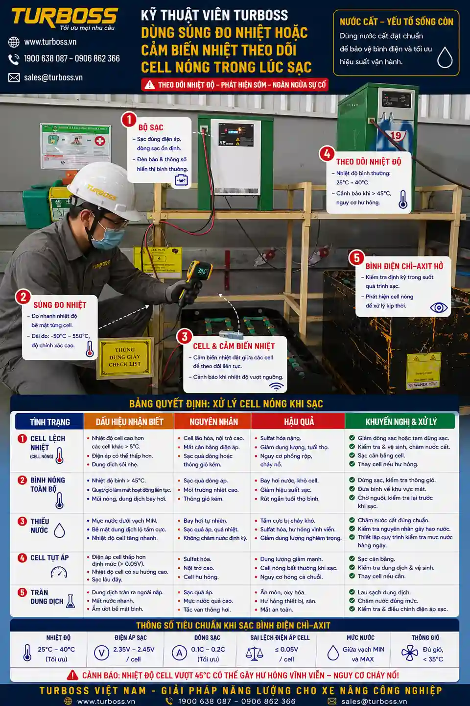 Theo dõi nhiệt độ khi sạc cân bằng bình điện xe nâng
