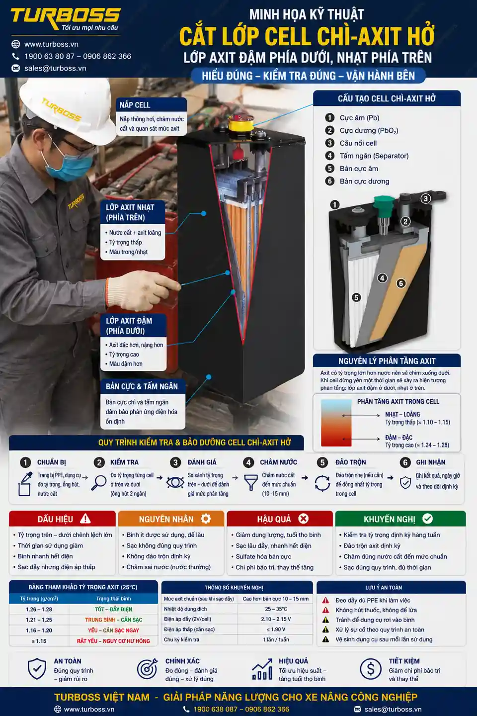 Mô phỏng phân tầng axit trong bình điện xe nâng chì-axit hở