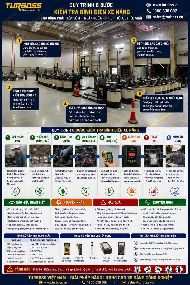 Quy trình kiểm tra bình điện xe nâng có mùi hăng khi sạc tại Turboss