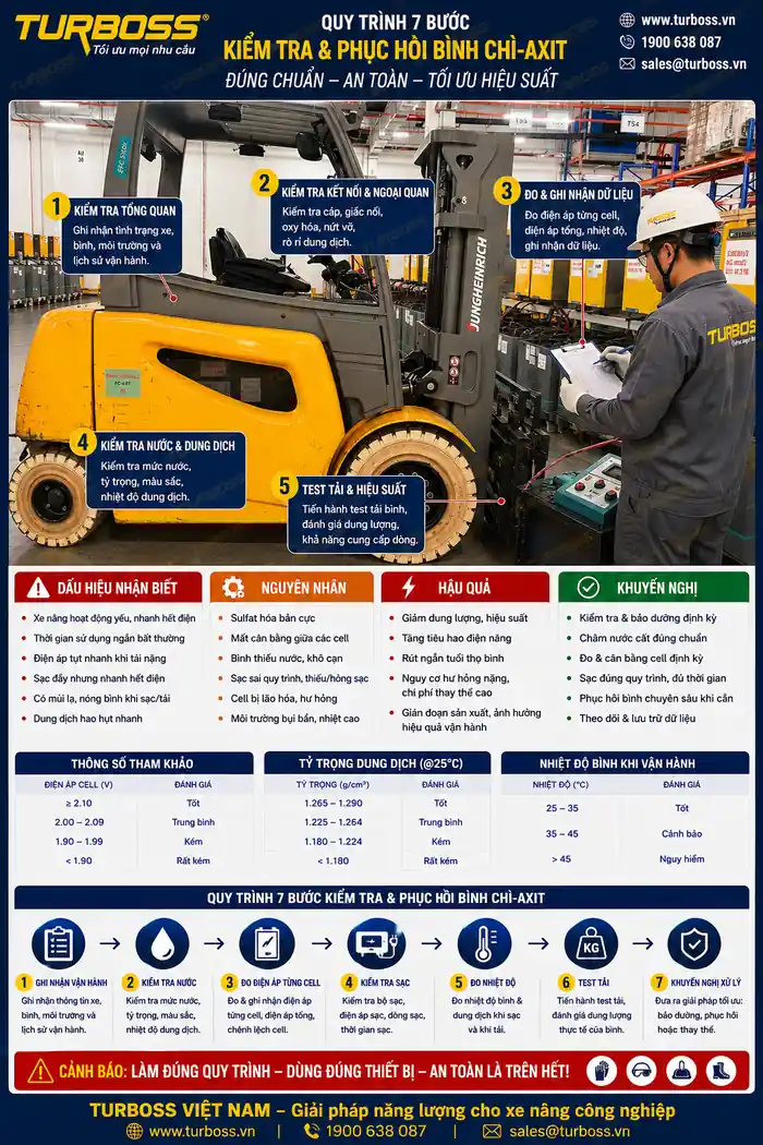 Quy trình kiểm tra bình điện xe nâng bị sulfat hóa tại Turboss