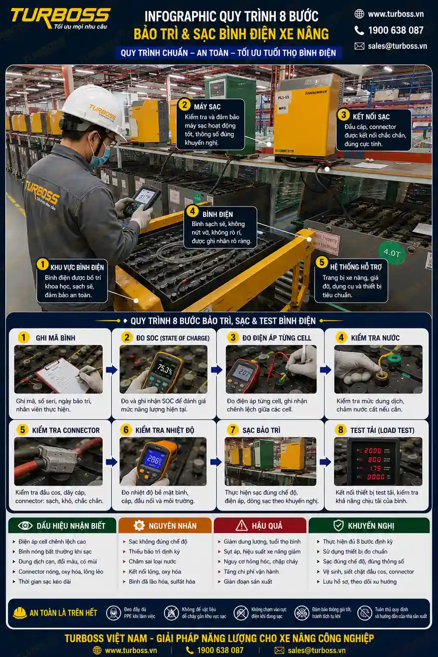 Quy trình Turboss kiểm tra sạc bảo trì bình điện xe nâng dự phòng