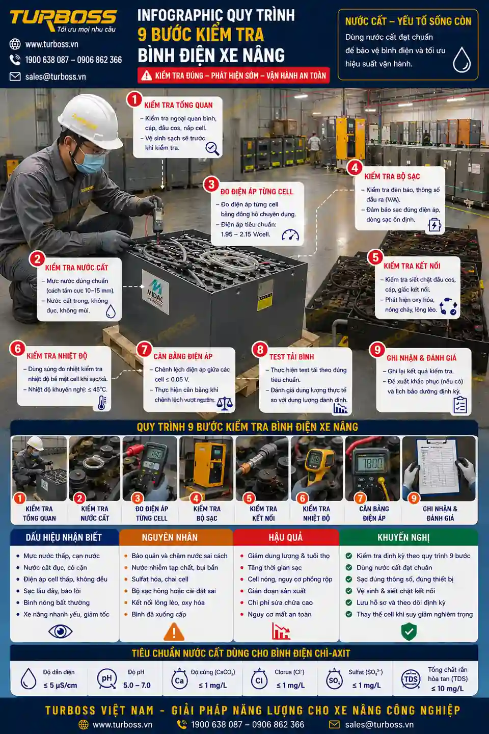 Quy trình Turboss kiểm tra nước cất châm bình điện xe nâng và tình trạng cell