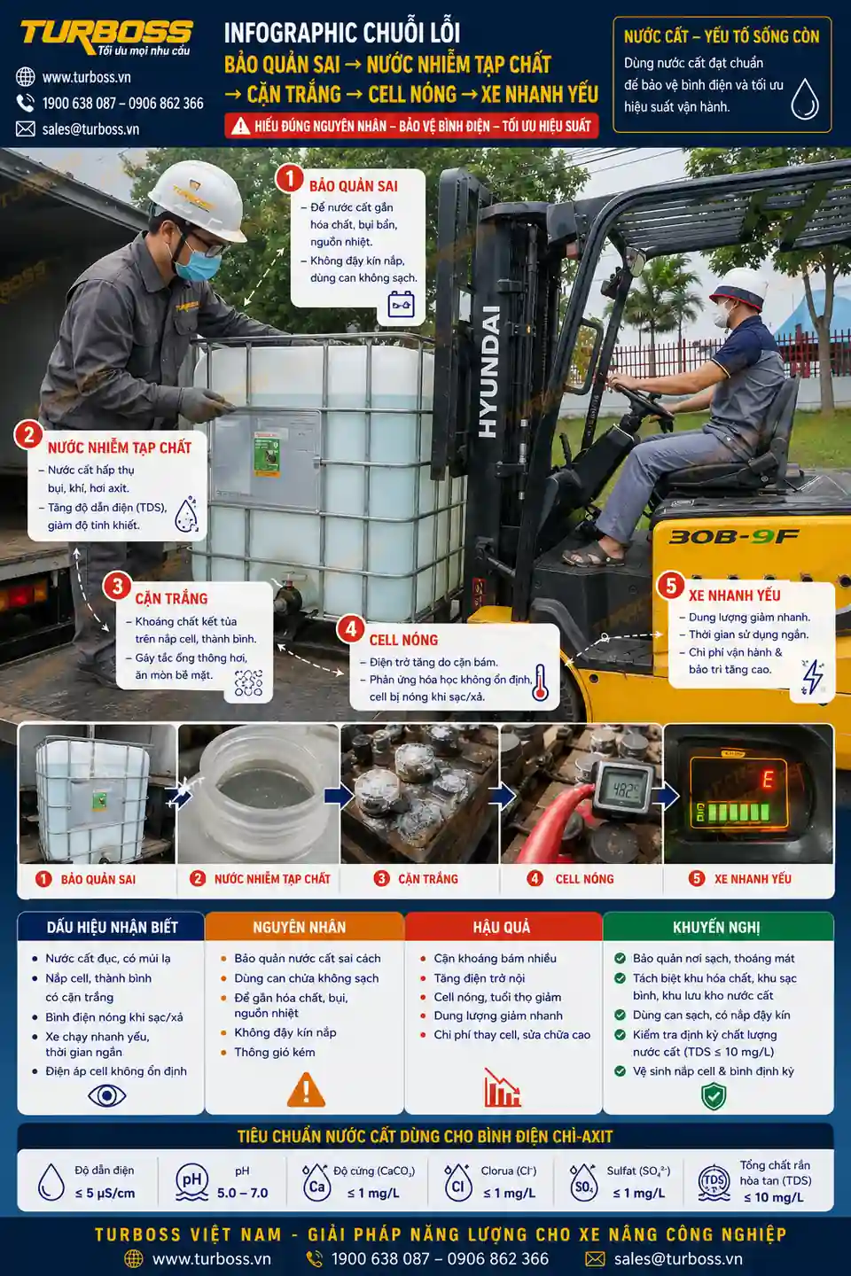 Rủi ro khi bảo quản nước cất châm bình điện xe nâng sai cách