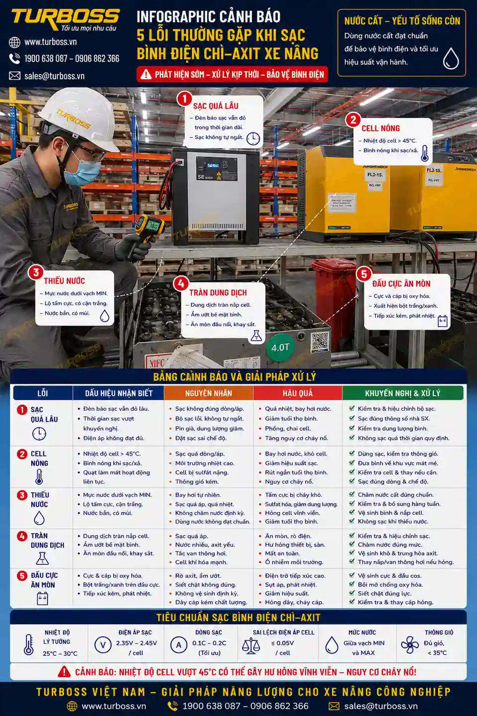 Rủi ro khi sạc cân bằng bình điện xe nâng sai cách