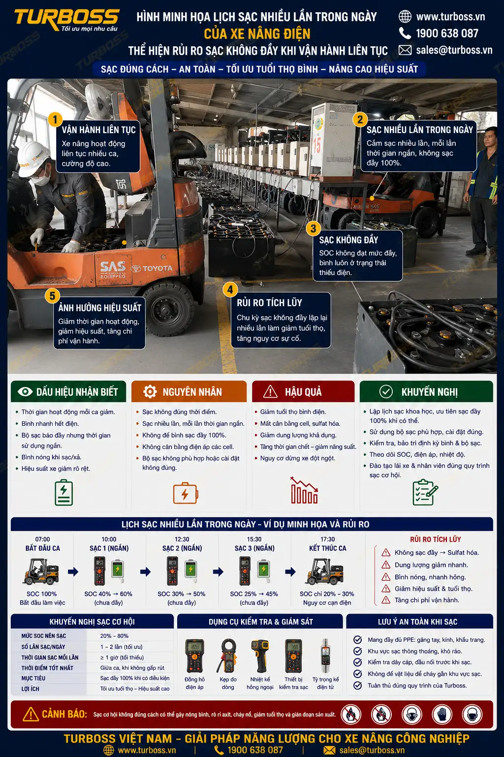 Sạc cơ hội bình điện xe nâng nhiều lần trong ngày có thể làm bình sạc không đầy