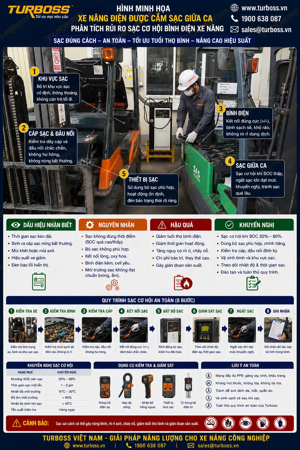 Sạc cơ hội bình điện xe nâng: 9 rủi ro cần kiểm tra trước khi áp dụng