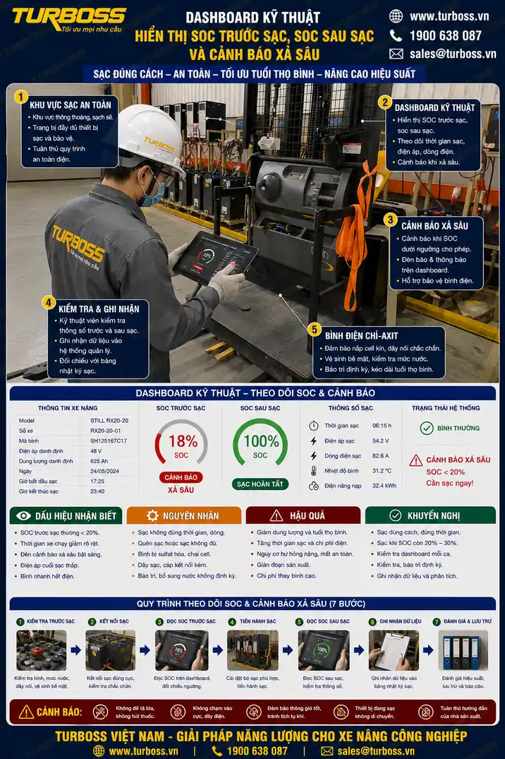 SOC trước và sau sạc trong nhật ký sạc bình điện xe nâng