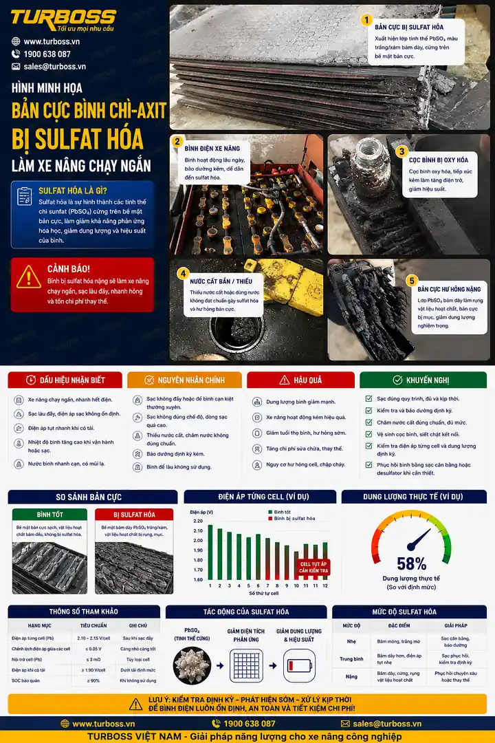 Sulfat hóa làm bình điện xe nâng sạc lâu nhưng nhanh hết điện