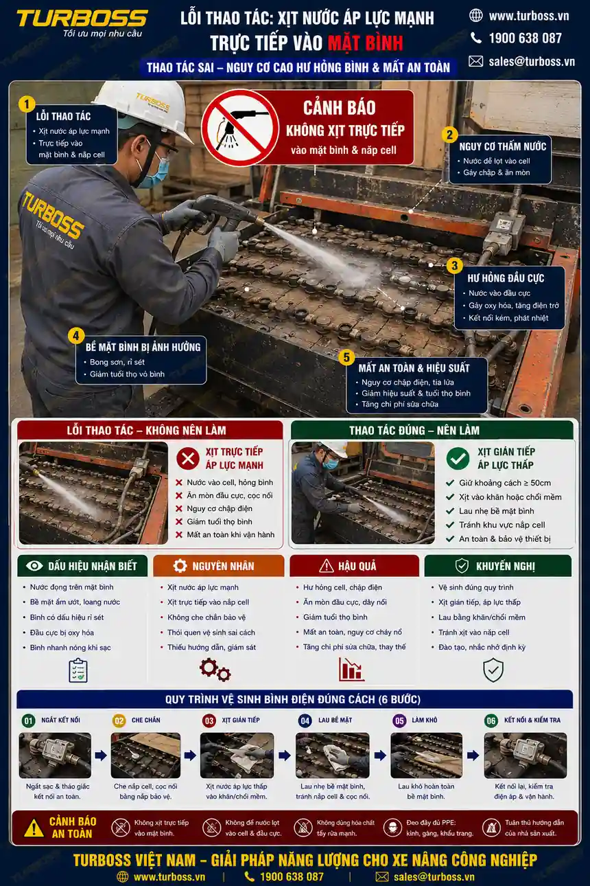 Vệ sinh sai cách có thể làm nắp cell bình điện xe nâng bị nghẹt