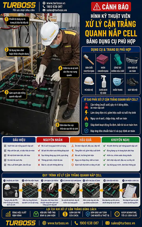 Vệ sinh cặn trắng bình điện xe nâng theo vùng để tránh làm ẩm lan rộng