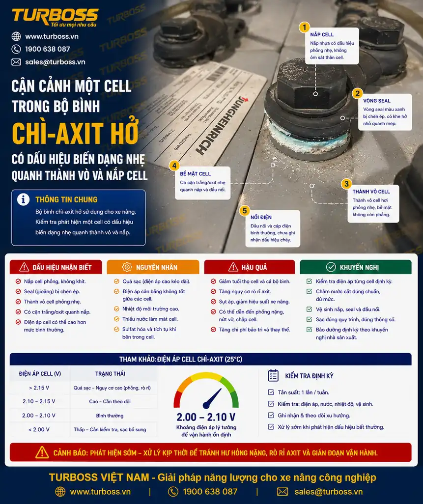 Vỏ cell bình điện xe nâng bị phồng do nóng cell hoặc sạc sai