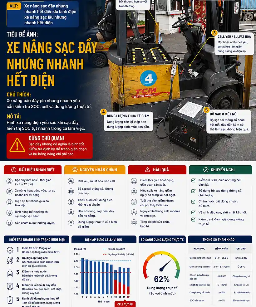 Xe nâng sạc đầy nhưng nhanh hết điện do bình điện xe nâng sạc lâu nhưng nhanh hết điện