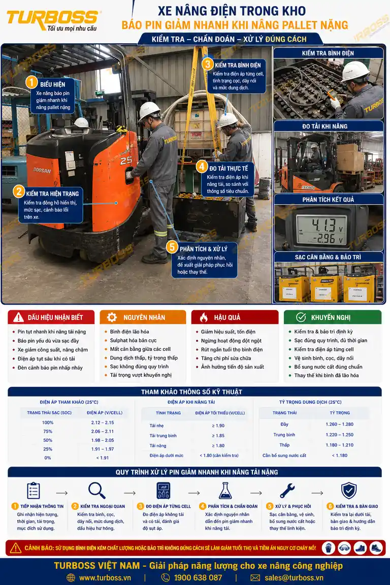 Bình điện xe nâng bị sulfat hóa khiến xe sạc đầy nhưng nhanh yếu